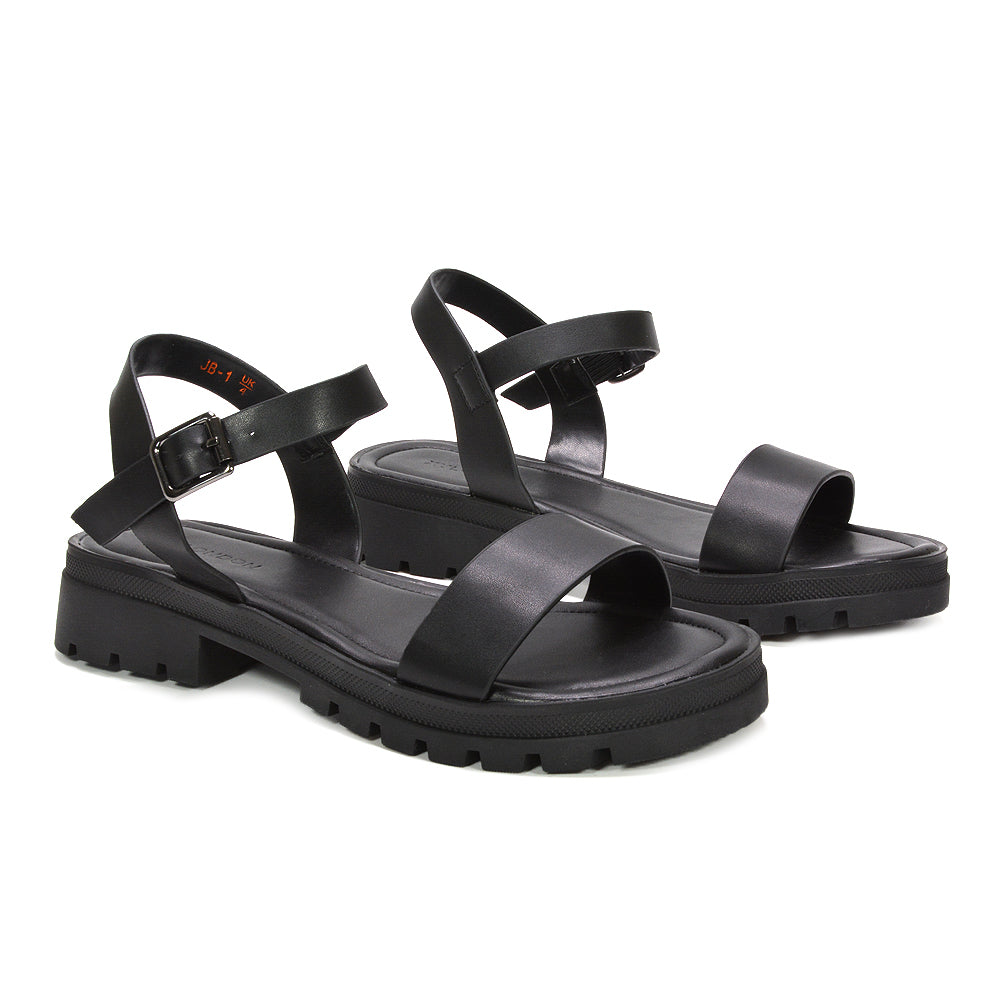 black buckle strap sandals, comfortable black chunky flat sandals for daily wear, black vacation sandals women, black platform sandals, affordable black strappy sandals