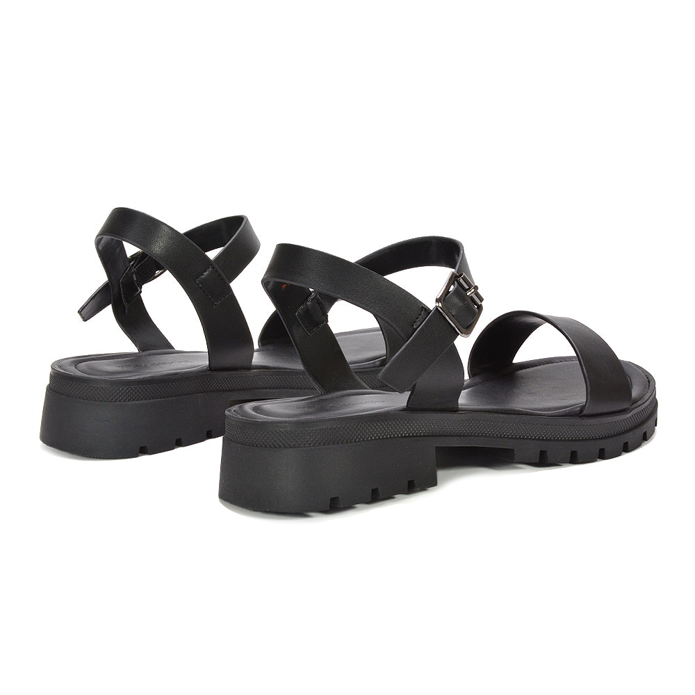 black travel-friendly sandals, black platform sandals with ankle strap buckle, women’s black platform sandals