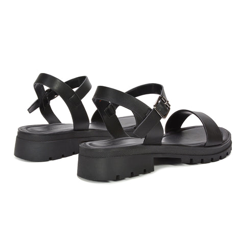 black travel-friendly sandals, black platform sandals with ankle strap buckle, women’s black platform sandals