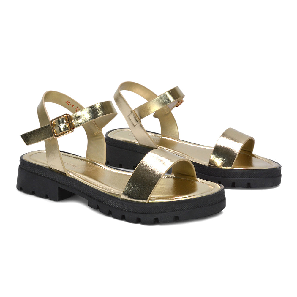 gold buckle strap sandals, comfortable gold chunky flat sandals for summer wear, gold evening sandals flat, chic gold summer footwear, affordable metallic gold sandals