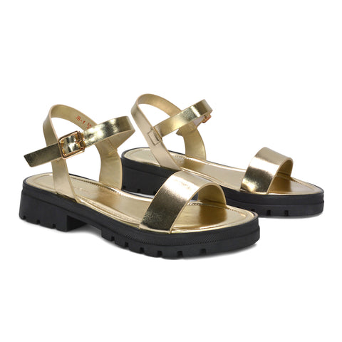 gold buckle strap sandals, comfortable gold chunky flat sandals for summer wear, gold evening sandals flat, chic gold summer footwear, affordable metallic gold sandals