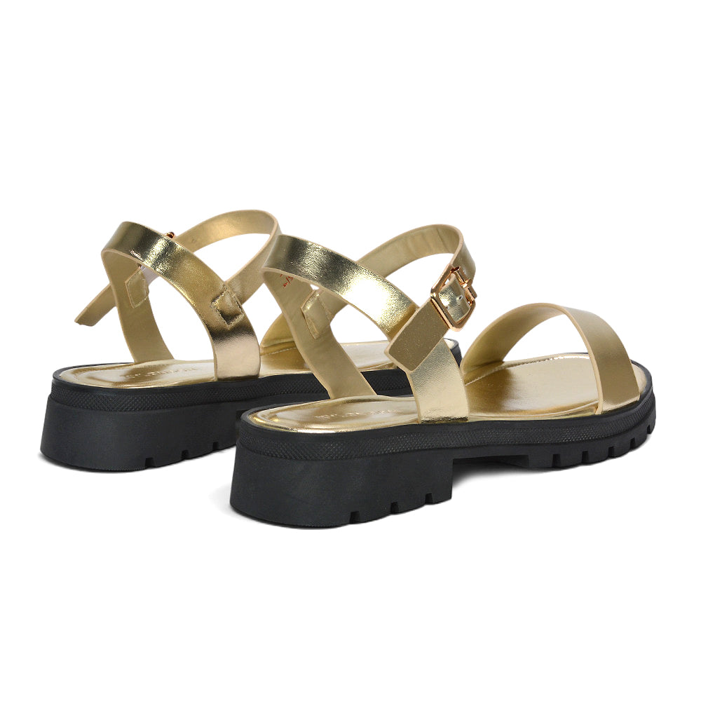 non-slip gold lug sole sandals, statement gold sandals women, gold vacation sandals, gold platform sandals with ankle strap buckle closure, women’s gold platform sandals
