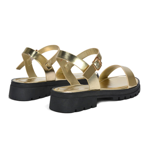 non-slip gold lug sole sandals, statement gold sandals women, gold vacation sandals, gold platform sandals with ankle strap buckle closure, women’s gold platform sandals