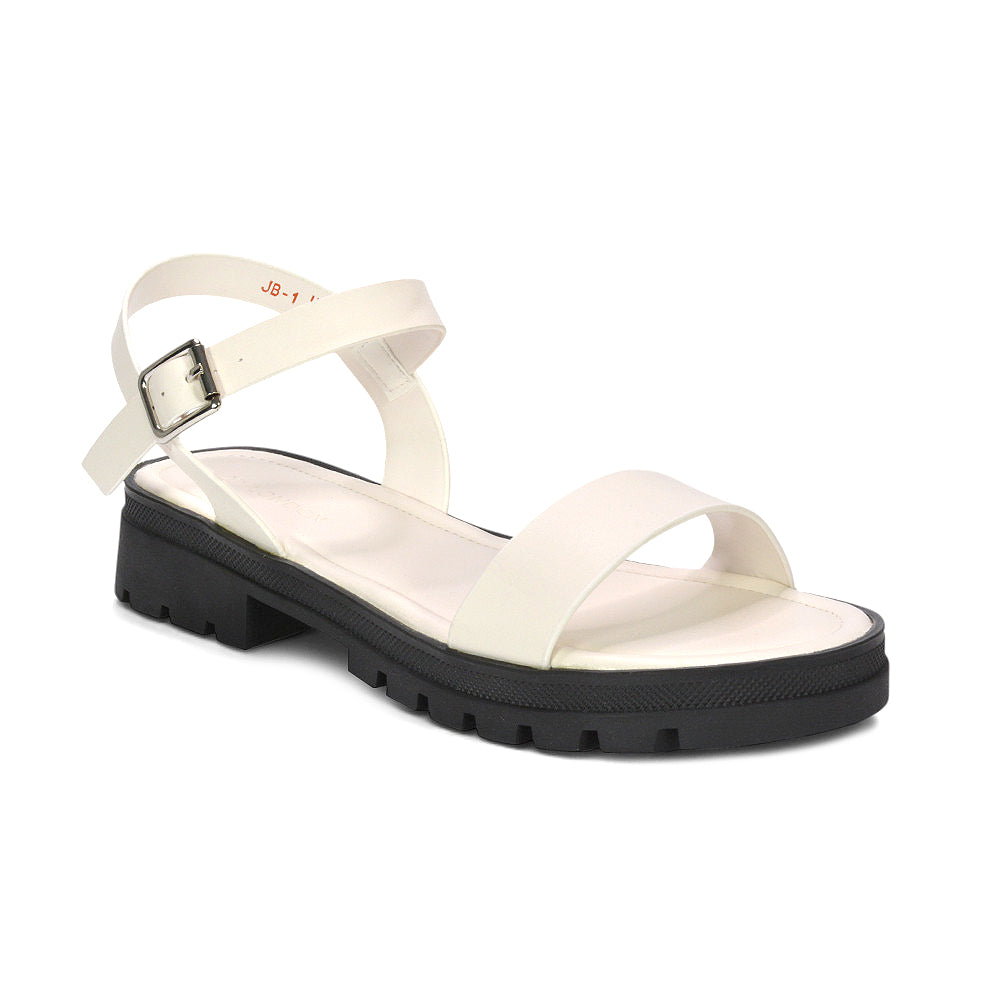 best white chunky sandals for women, white summer vacation sandals, white buckle strap platform sandals for women, white chunky flat sandals