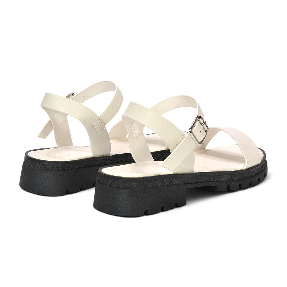 women’s white platform sandals, white platform sandals with ankle strap buckle closure, white bridal casual sandals, chunky white lug sole sandals