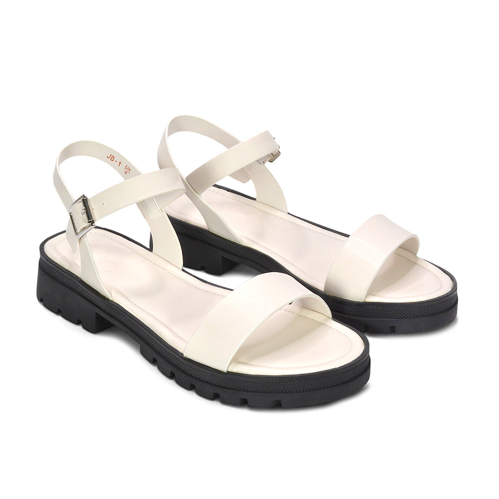durable white everyday sandals women, white festival chunky sandals, trendy white strappy sandals for summer fashion, white flat platform sandals for vacation outfits, white ankle strap sandals
