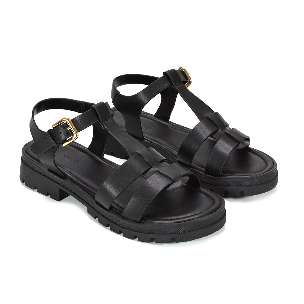 ankle buckle gladiator sandals, flat gladiator sandals with ankle strap, women’s gladiator sandals sale UK, boho chunky gladiator sandals, edgy platform sandals women, black strappy sandals