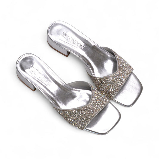 silver square toe block heels, silver heeled mules, square toe block heels, heeled sandals 