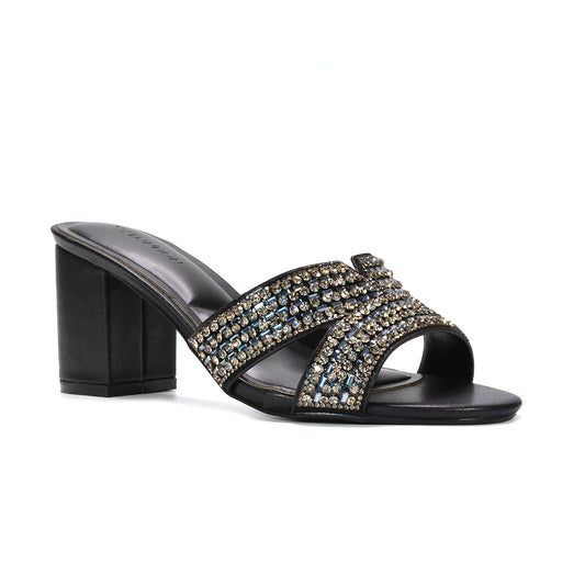 black evening wear mules, black sparkly mule heels for parties, black sparkly block heel mules, black block heels