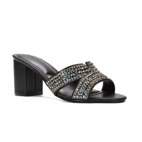 black evening wear mules, black sparkly mule heels for parties, black sparkly block heel mules, black block heels