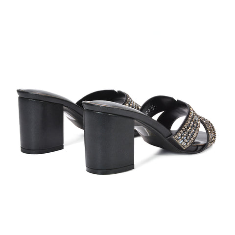 black block heel mules for prom night, black bridal party shoes, black mid heel embellished mule heels, black party heels