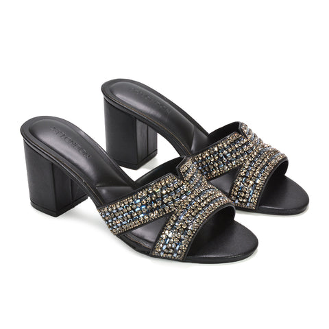 black slip-on heels, black open toe party mule heels, black prom heels, black slip-on heels for cocktail party