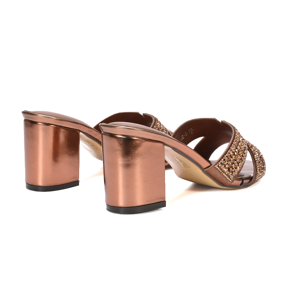 bronze block heel mules for prom night, bronze prom heels, bronze metallic mid heel mule sandals, bronze party heels