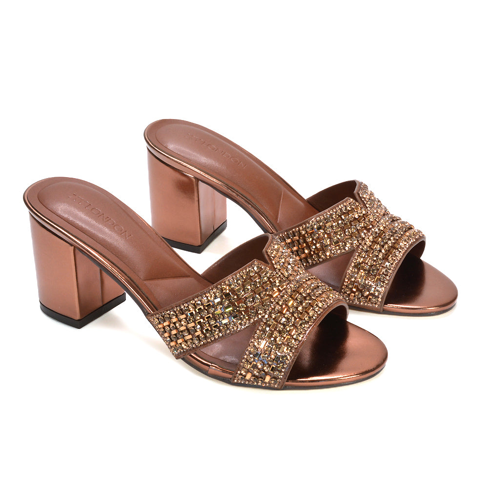 bronze slip-on heels, bronze open toe embellished mule heels, bronze cocktail party sandals, bronze metallic heels for cocktail party