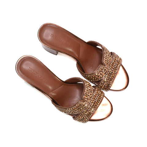 bronze glitter heels for night out, bronze evening wear mules, bronze glitter evening block heels, bronze heeled mules