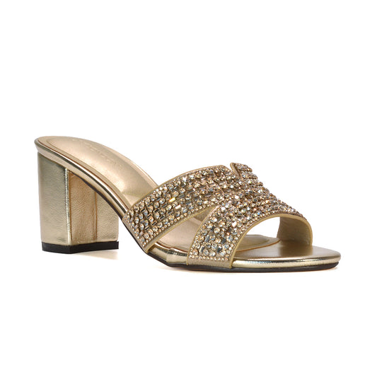 gold sparkly mule heels for parties, gold wedding guest shoes, gold sparkly block heel mules, gold block heels