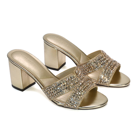 gold slip-on heels, gold open toe embellished mule heels, gold prom heels, gold metallic heels for cocktail party