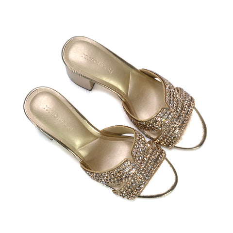 gold comfortable heels for long events, gold special occasion sandals, gold chunky heel embellished sandals, gold heeled mules