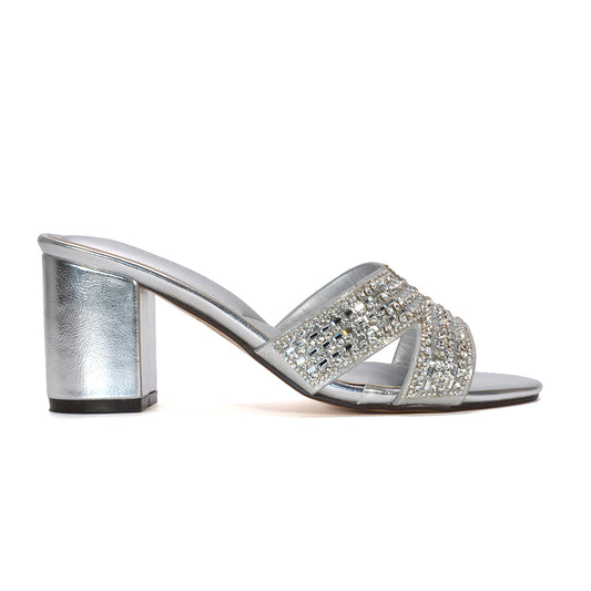 silver mule heels, silver diamante slip-on mule heels, silver evening party heels, silver diamante heels for wedding reception