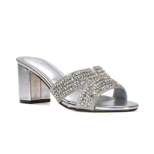 silver sparkly mules for bridal wear, silver wedding reception shoes, silver crystal embellished sandals women, silver heeled sandals