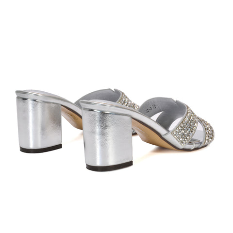 silver block heels for prom outfit, silver engagement party heels, silver open toe dressy mule sandals, silver party sandals