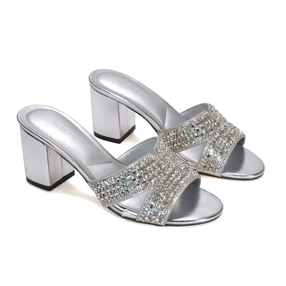 silver slip-on mules, silver statement mule heels, silver prom night sandals, silver glitter sandals for special events