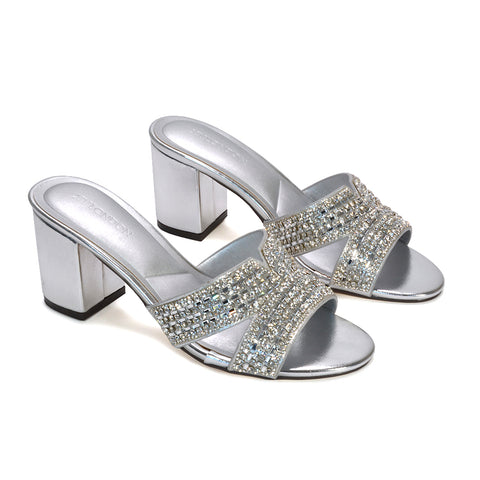 silver slip-on mules, silver statement mule heels, silver prom night sandals, silver glitter sandals for special events