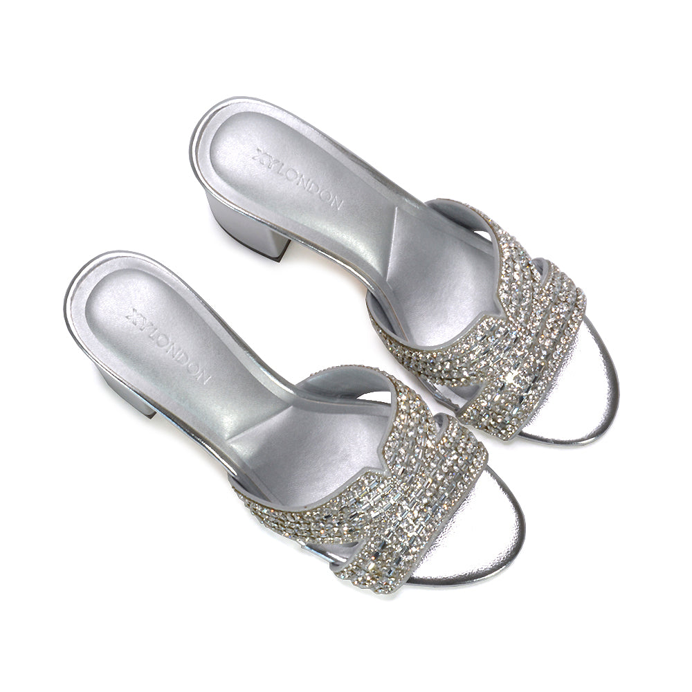 silver comfortable heels for celebrations, silver dressy sandals for formal occasions, silver holiday party sandals, silver rhinestone strap mule heels, silver evening sandals