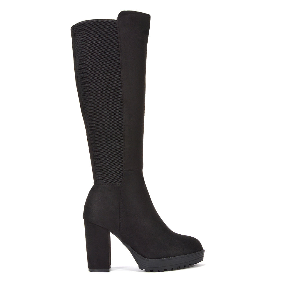 women stretch calf boots, women faux suede boots, women platform boots
