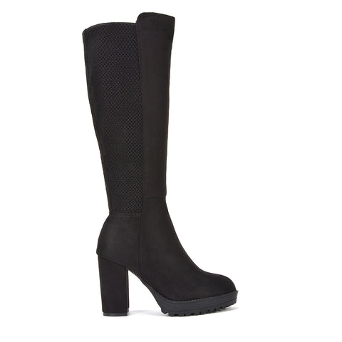 women stretch calf boots, women faux suede boots, women platform boots