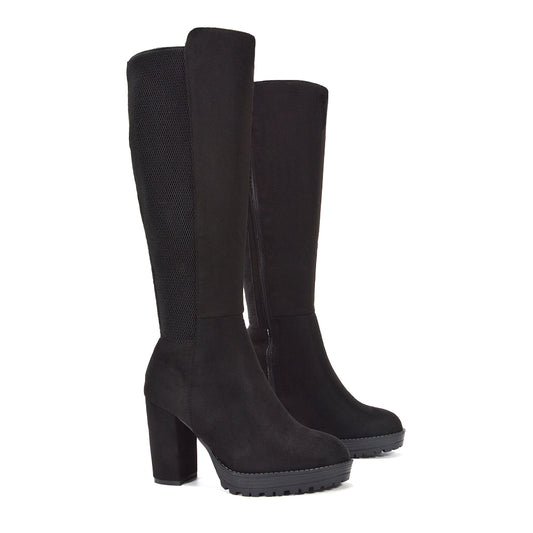 women boots, women stretch boots, women black boots, women knee high boots