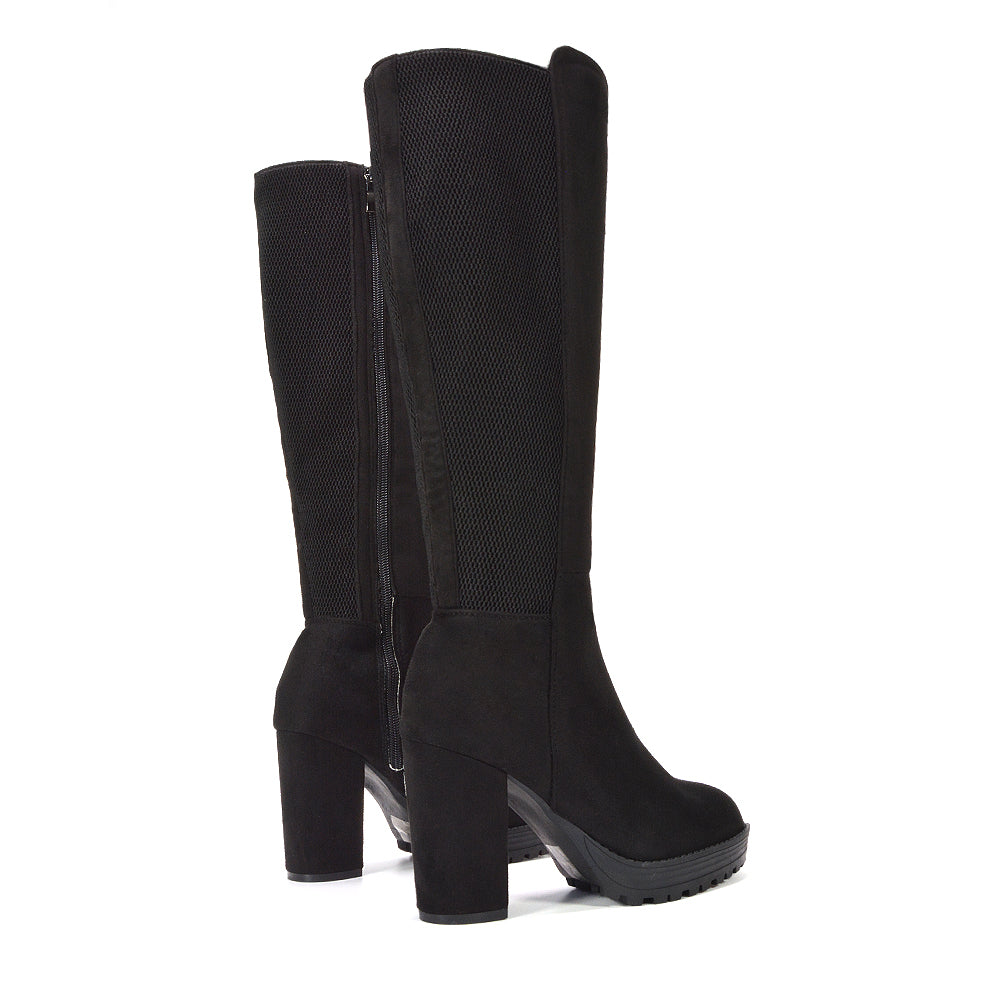 women heeled boots, women elasticated boots, women stretch calf boots