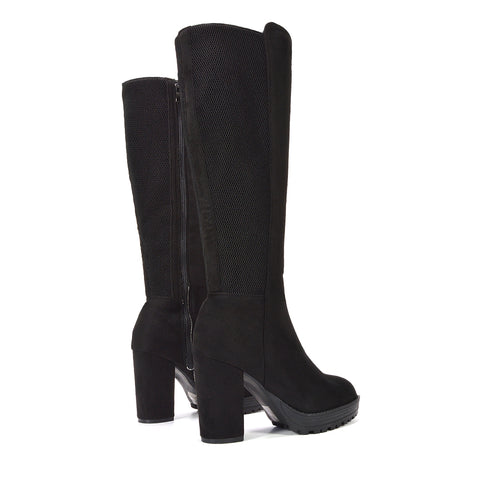 women heeled boots, women elasticated boots, women stretch calf boots