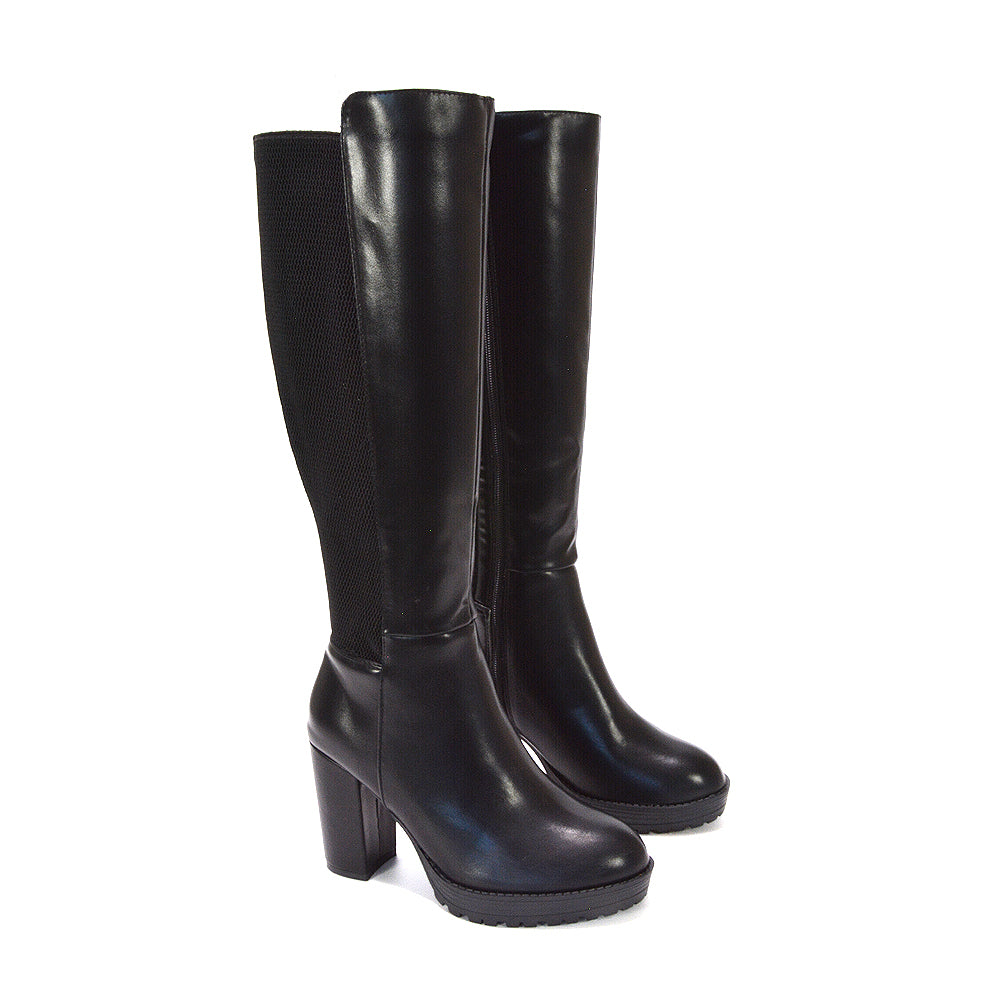 women black biker boots, women long boots, women synthetic leather boots