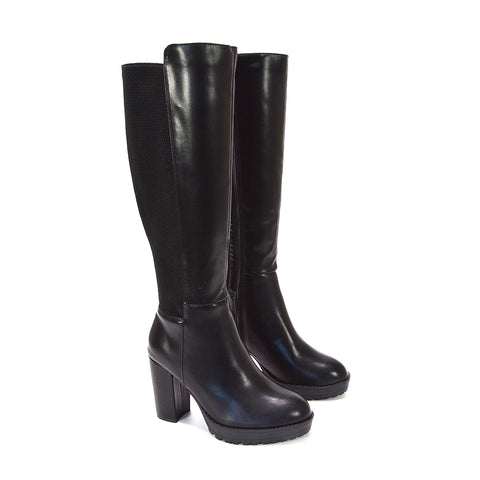 women black biker boots, women long boots, women synthetic leather boots