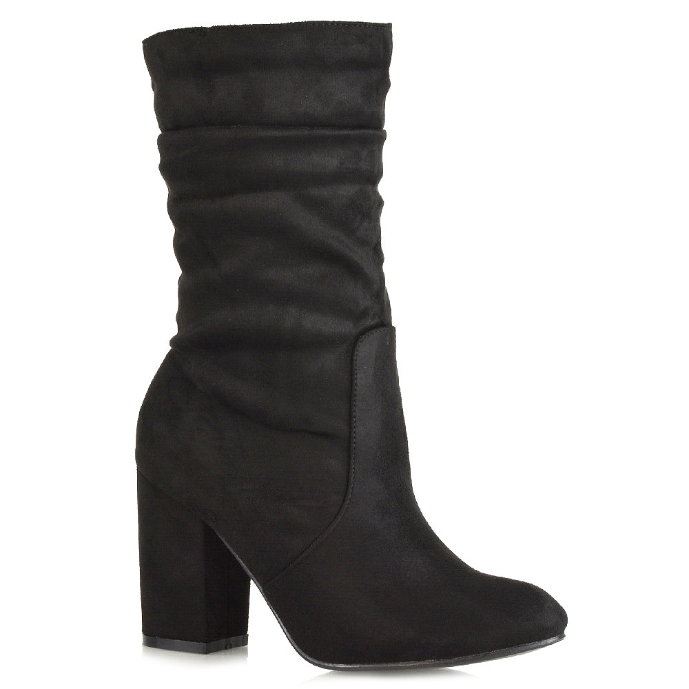 KD-2 BLACK FAUX SUEDE MID HEEL BOOTS