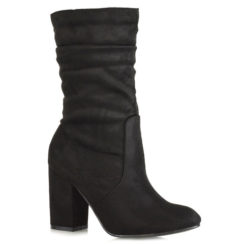 KD-2 BLACK FAUX SUEDE MID HEEL BOOTS