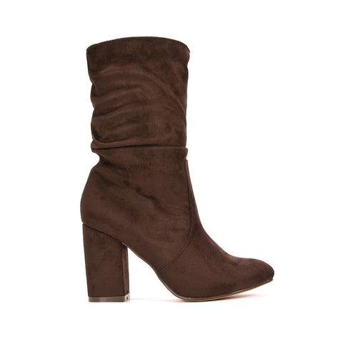 Belle Mid Block Heel Ruched Pull On Mid Calf Boots in Chocolate Faux Suede