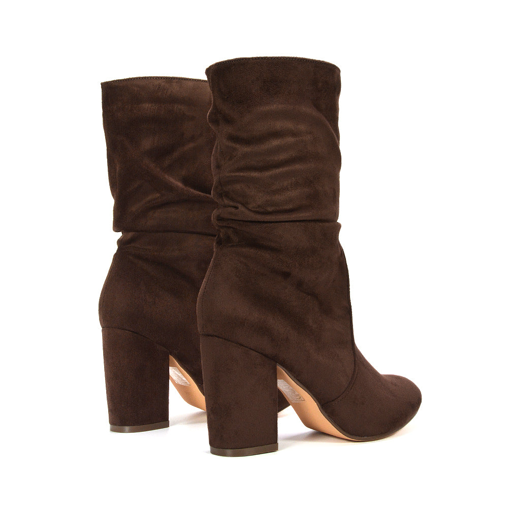 women’s block heel boots, casual ruched boots for autumn and winter outfits, travel friendly heeled boots, cold weather comfortable boots, modern casual footwear, brown boots for spring