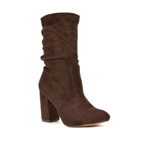 block heel mid calf boots, stylish ruched mid calf boots for everyday wear, weekend outfit boots, fall casual boots women, relaxed ruched boots, brown heeled ankle boots, brown ruched boots