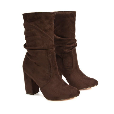 ruched mid calf boots, comfortable pull on mid calf boots with block heel, workwear mid calf boots, winter block heel boots, minimalist everyday boots, brown block heeled boots, brown block heeled boots