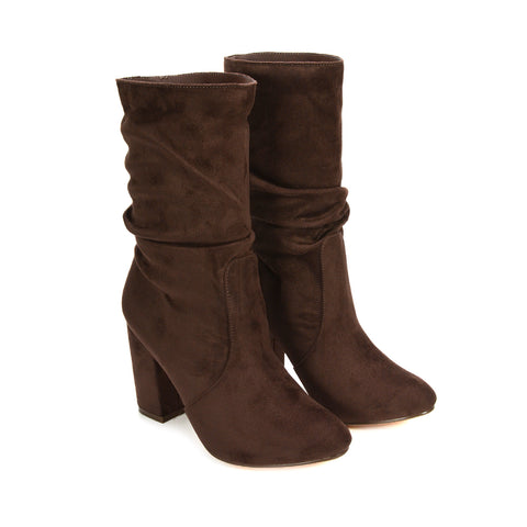 pull on mid calf boots, women’s mid calf boots with low block heel, shopping day comfortable boots, cold weather comfortable boots, practical fashion boots, brown faux suede boots, brown suede boots