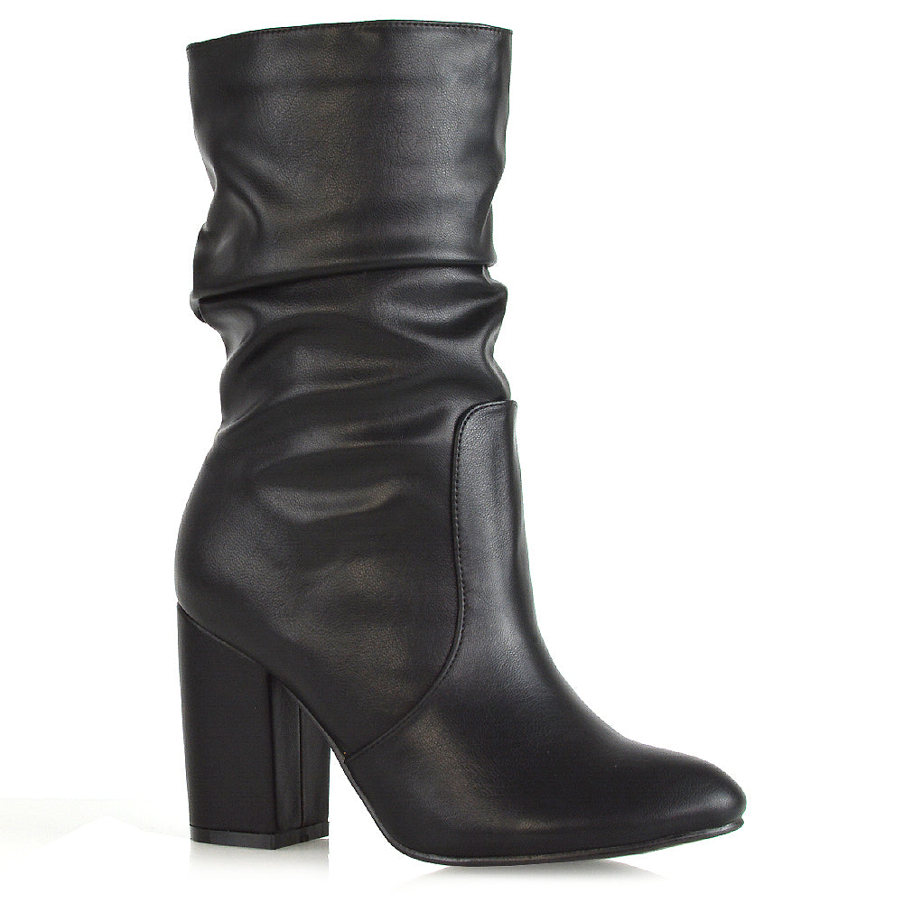 KD-2 BLACK SYNTHETIC LEATHER MID HEEL BOOTS