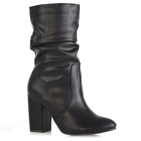 KD-2 BLACK SYNTHETIC LEATHER MID HEEL BOOTS