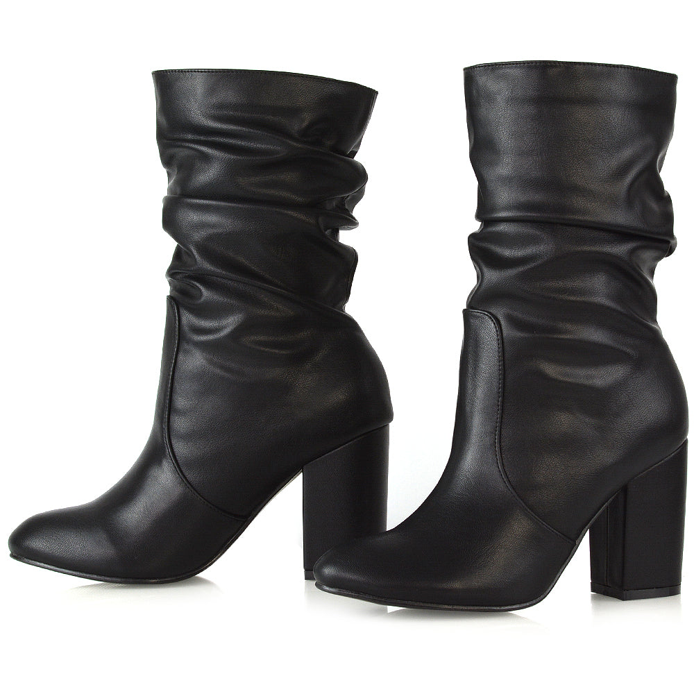 KD-2 BLACK SYNTHETIC LEATHER BLOCK HEELED BOOTS
