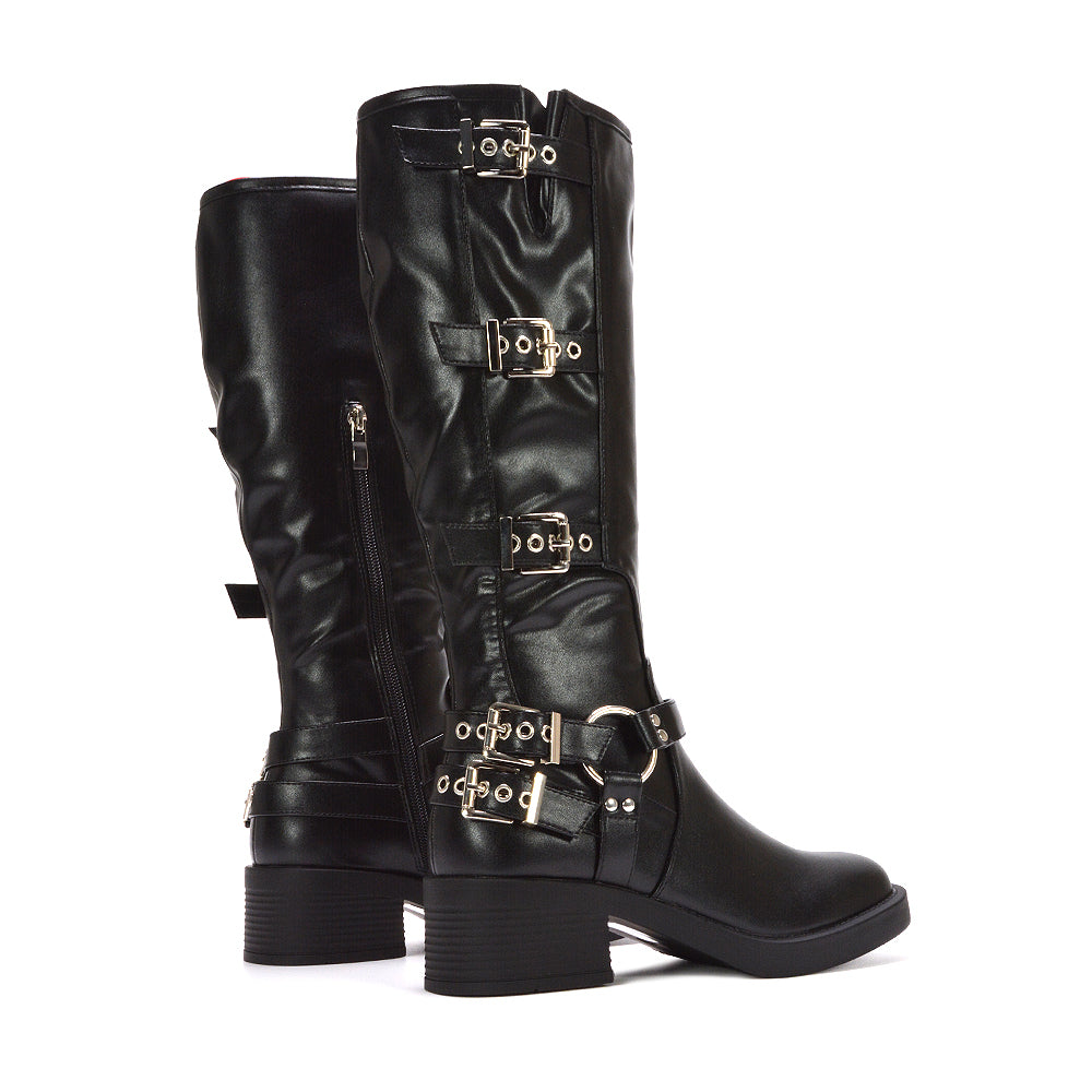 classic black buckle knee high boots, black women boots with straps, buckle knee high boots, buckle strap boots, buckle boots