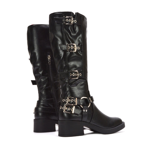 classic black buckle knee high boots, black women boots with straps, buckle knee high boots, buckle strap boots, buckle boots
