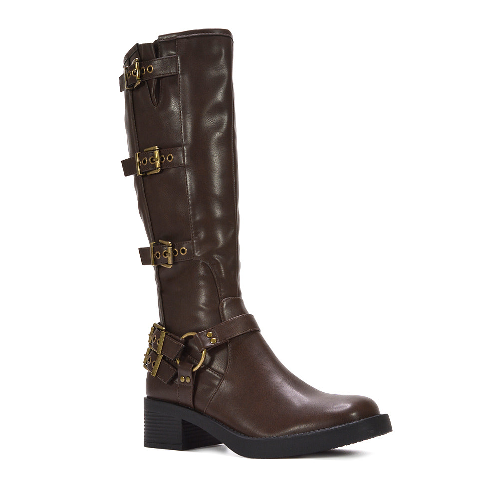 brown buckle knee high boots, brown women boots with straps, buckle knee high boots, buckle strap boots, buckle boots