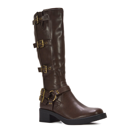 brown buckle knee high boots, brown women boots with straps, buckle knee high boots, buckle strap boots, buckle boots