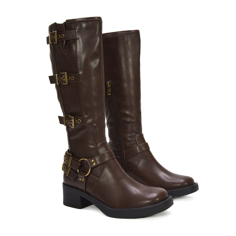 brown leather knee high boots, brown  biker boots, leather knee high boots, biker boots, cobra buckle harness boots, buckle boots, biker buckle boots